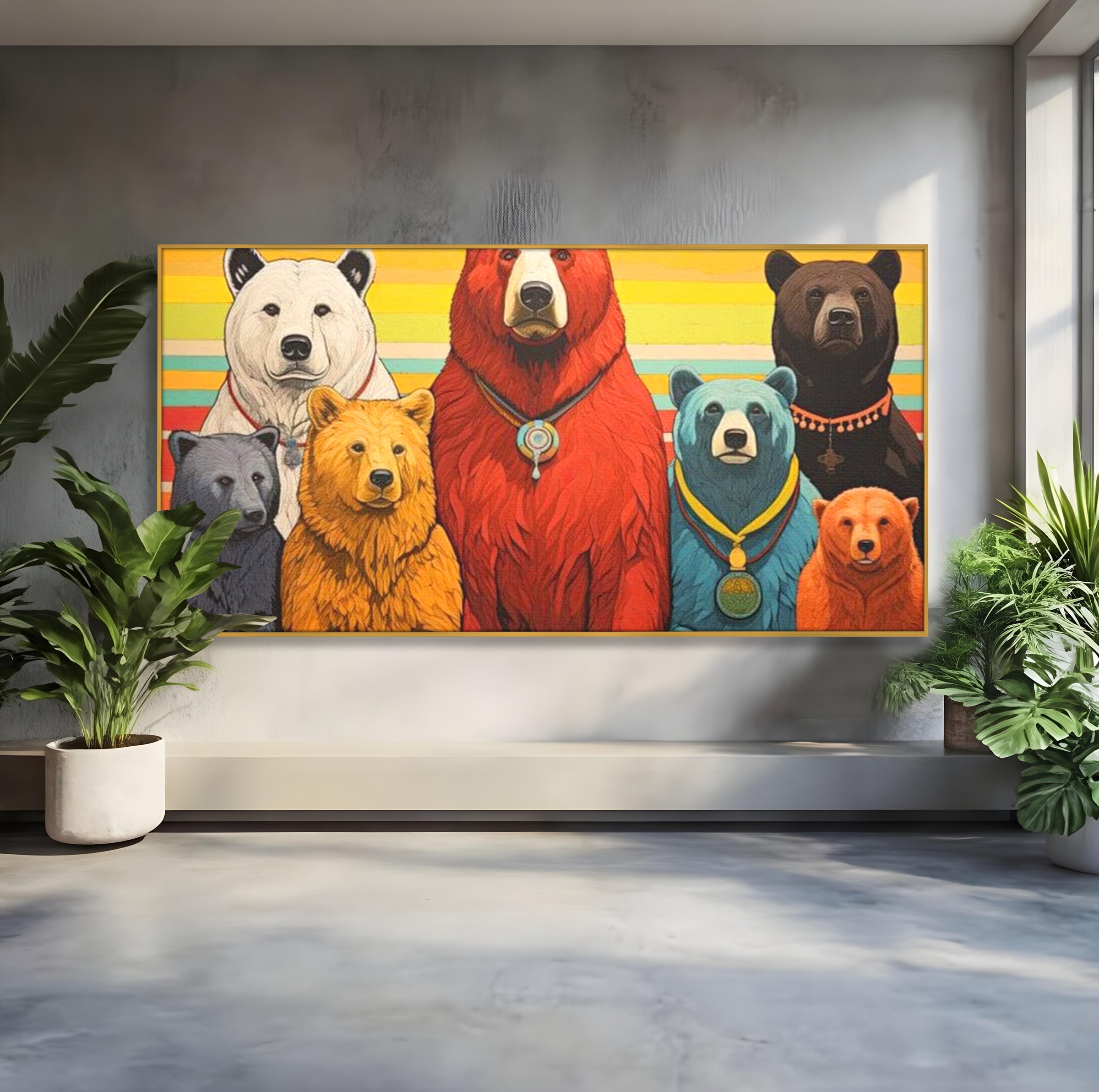 Tablou canvas cu ilustratie digitala cu ursi colorati, in rama de aluminiu auriu